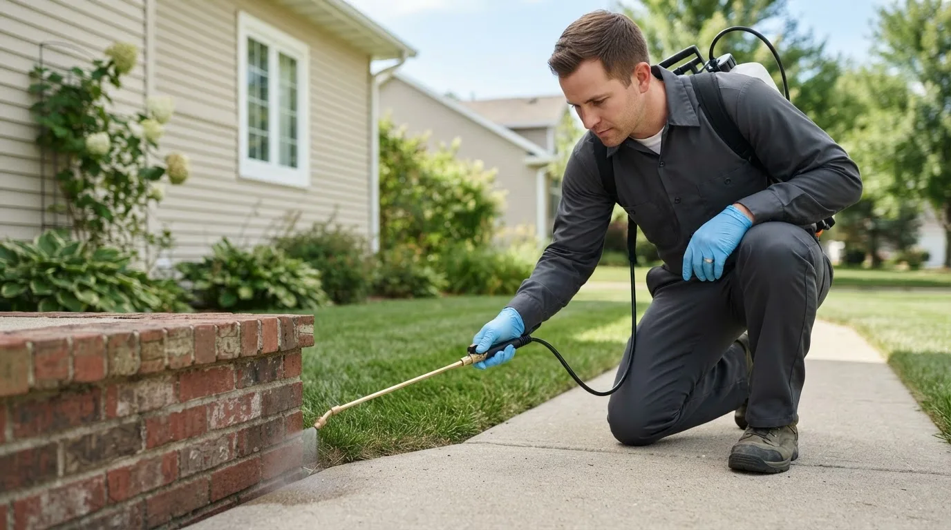Pest control technician treating a home near Edinburg, TX